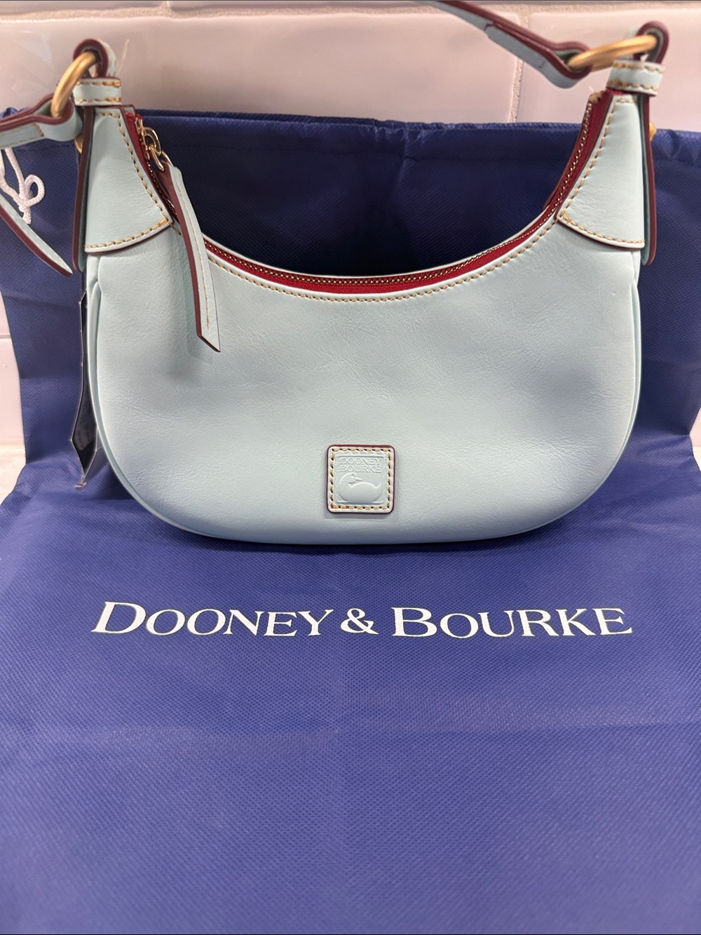 Dooney & Bourke Pale Blue Leather Shoulder Bag with Red Trim